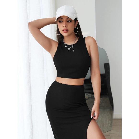 2 piece set: Tank crop Top & Split Thigh midi Skirt set black - Picture 3 of 7